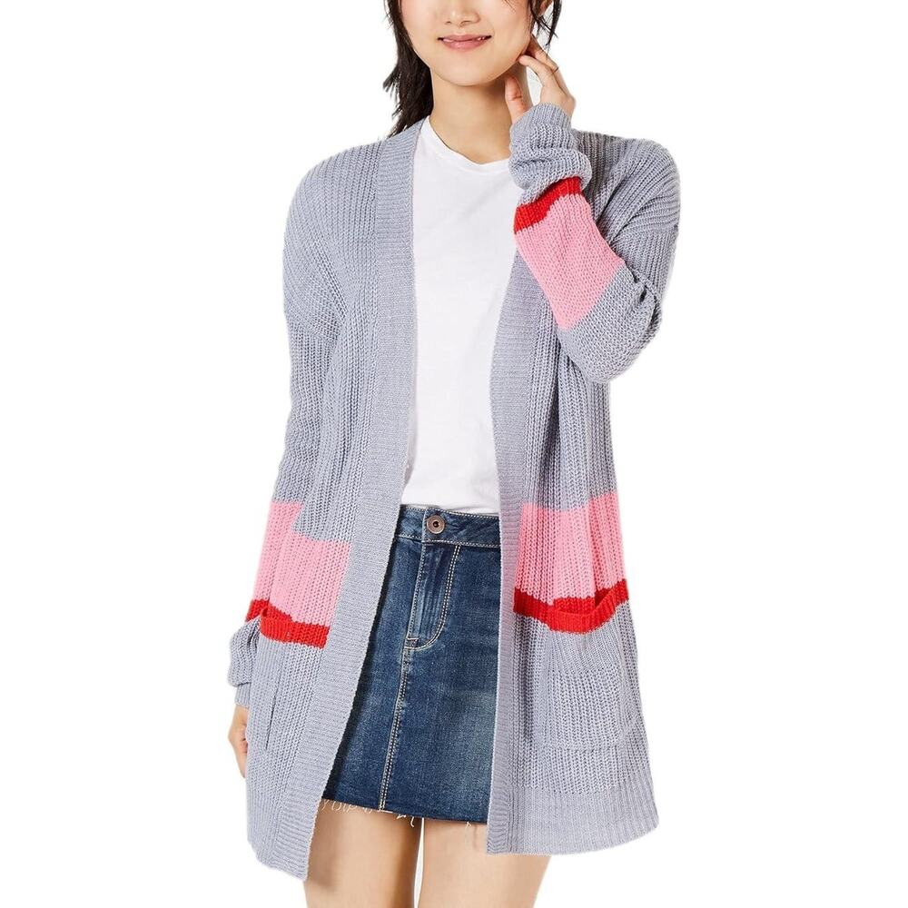 Ultra Flirt Cardigan Womens Small Open Front Sweater Pockets Gray Pink New